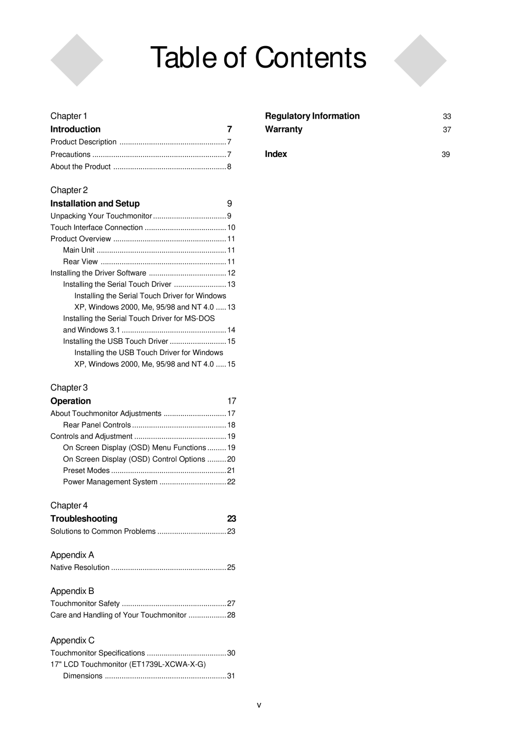 Elo TouchSystems 1739L manual Table of Contents 