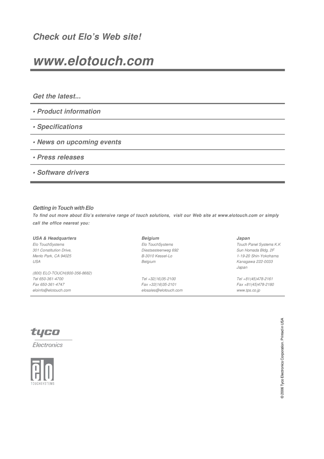 Elo TouchSystems 1739L manual Check out Elo’s Web site 