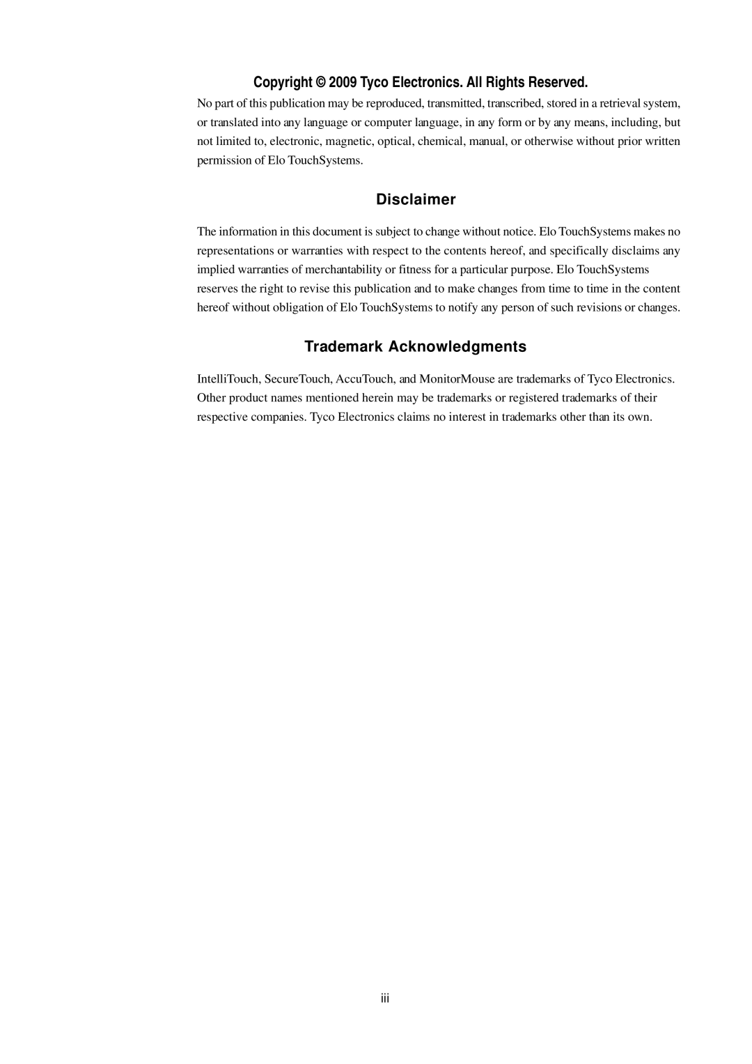 Elo TouchSystems 1739L manual Disclaimer, Trademark Acknowledgments 