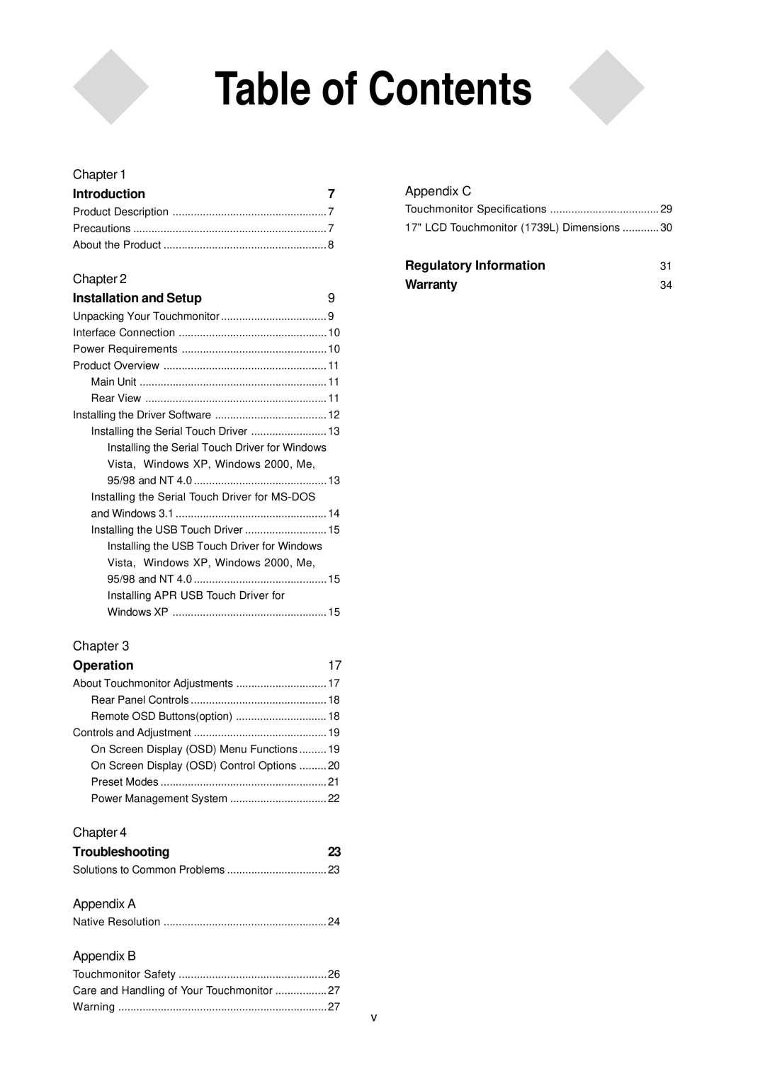 Elo TouchSystems 1739L manual Table of Contents 