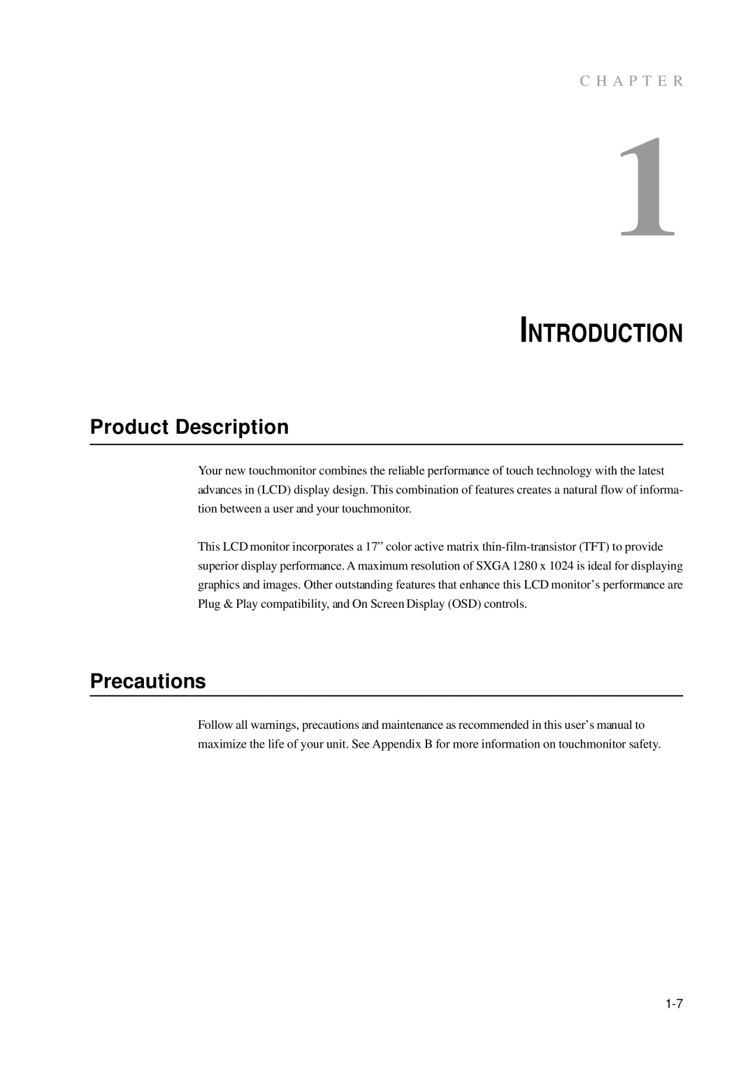 Elo TouchSystems 1739L manual Introduction, Product Description, Precautions 