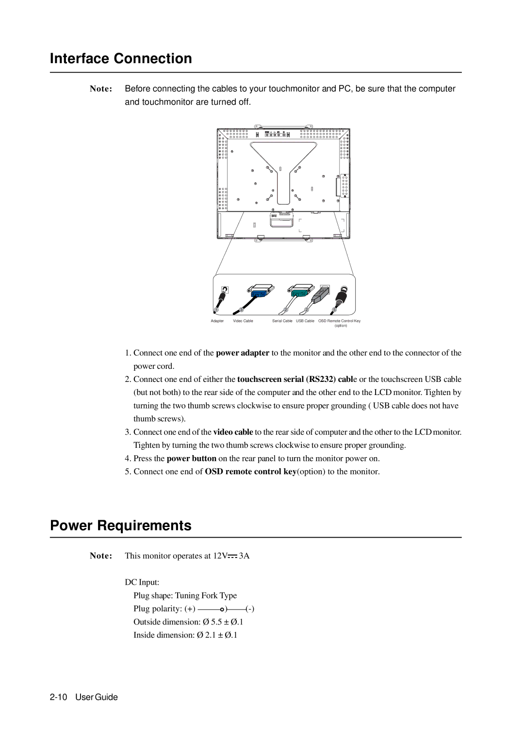 Elo TouchSystems 1739L manual Interface Connection, Power Requirements 