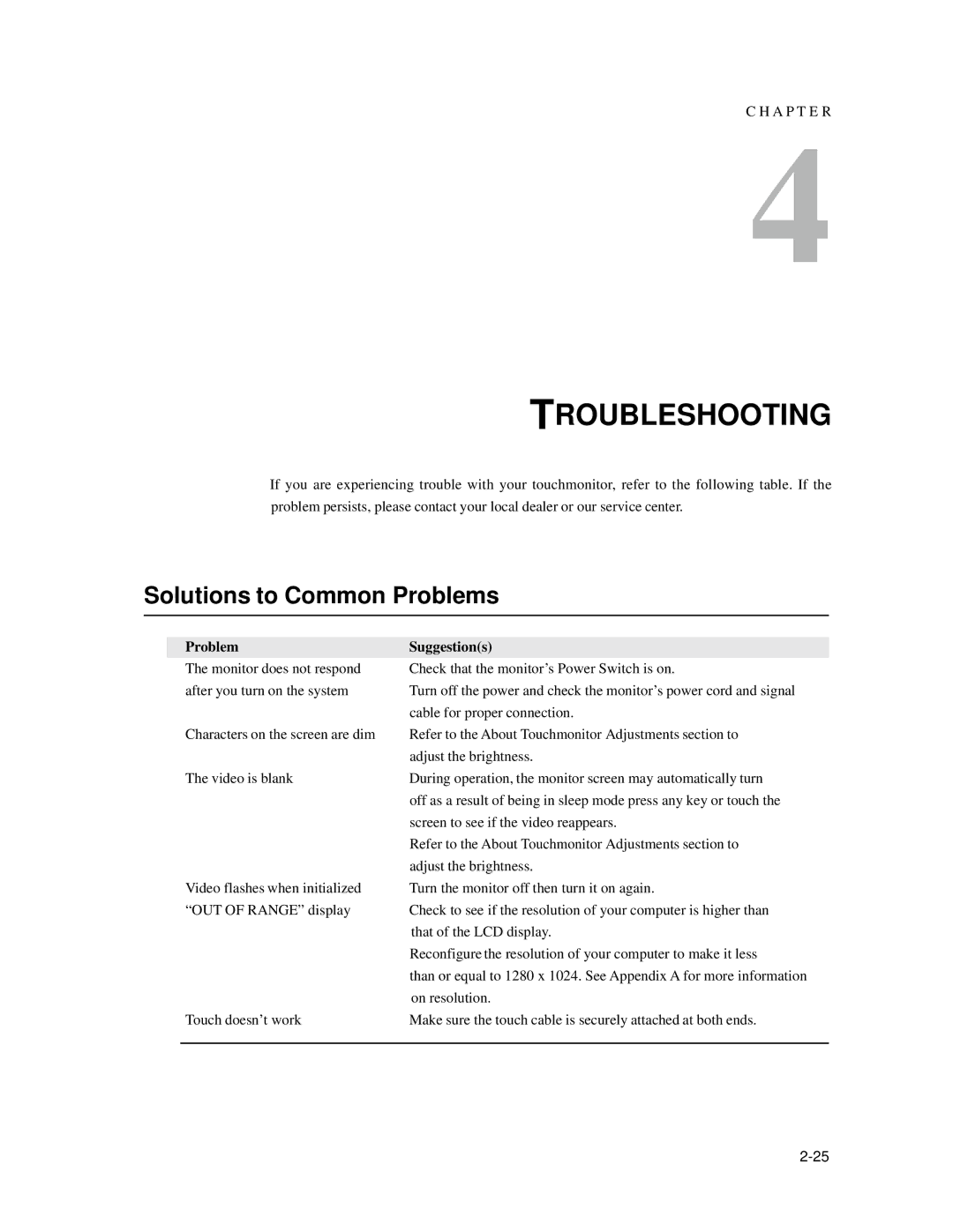 Elo TouchSystems 1739L manual Troubleshooting, Solutions to Common Problems, Problem Suggestions 