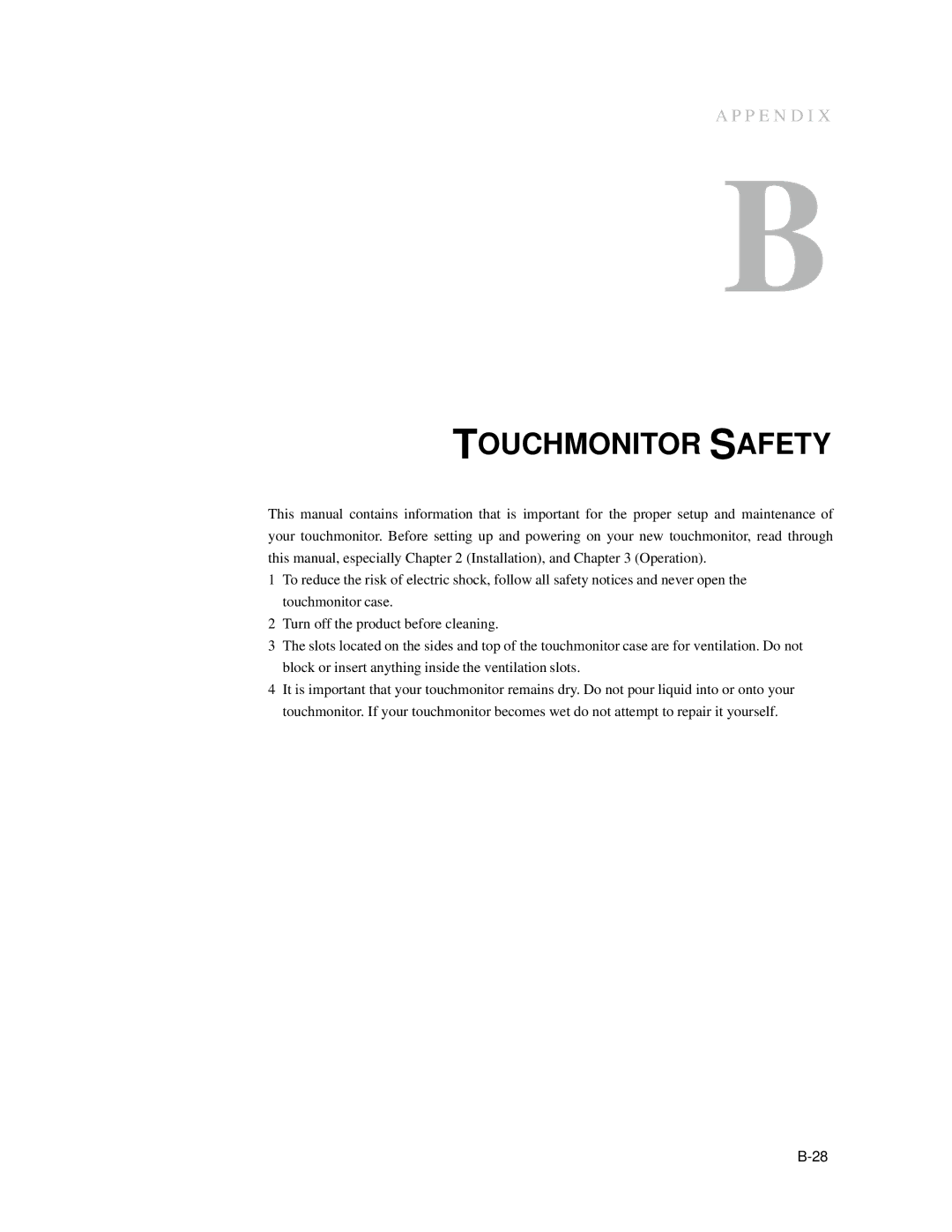 Elo TouchSystems 1739L manual Touchmonitor Safety 