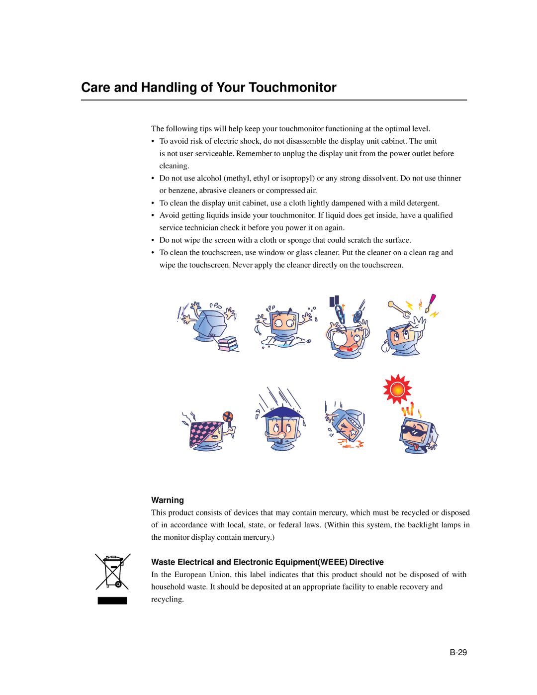 Elo TouchSystems 1739L Care and Handling of Your Touchmonitor, Waste Electrical and Electronic EquipmentWEEE Directive 