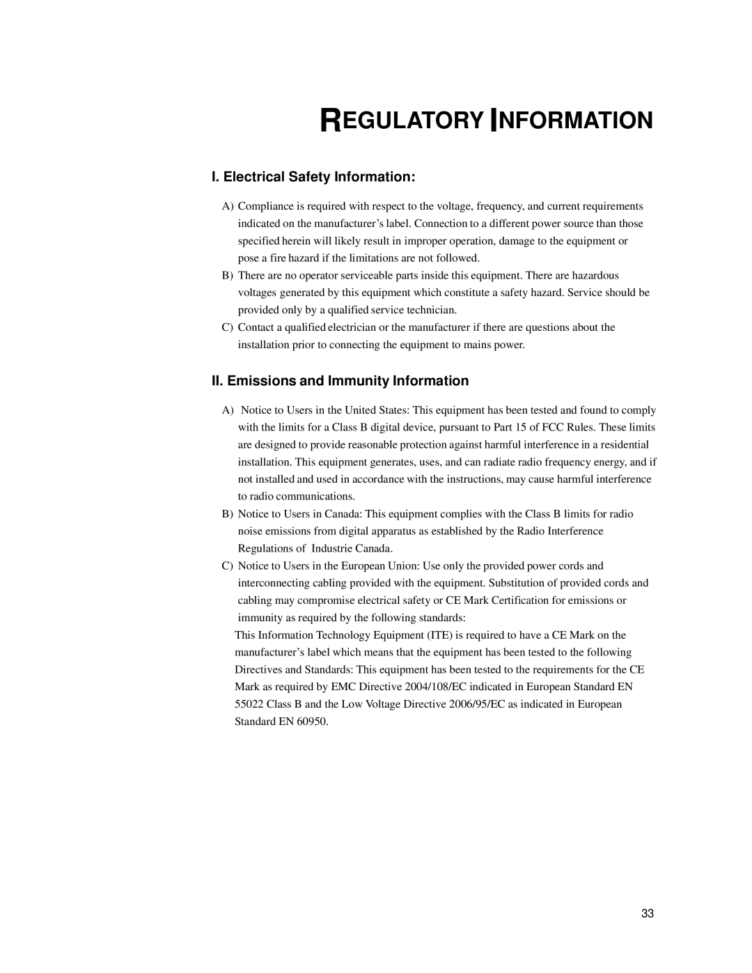 Elo TouchSystems 1739L manual Regulatory Information, Electrical Safety Information, II. Emissions and Immunity Information 