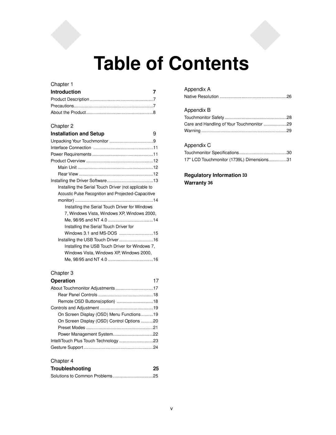 Elo TouchSystems 1739L manual Table of Contents 