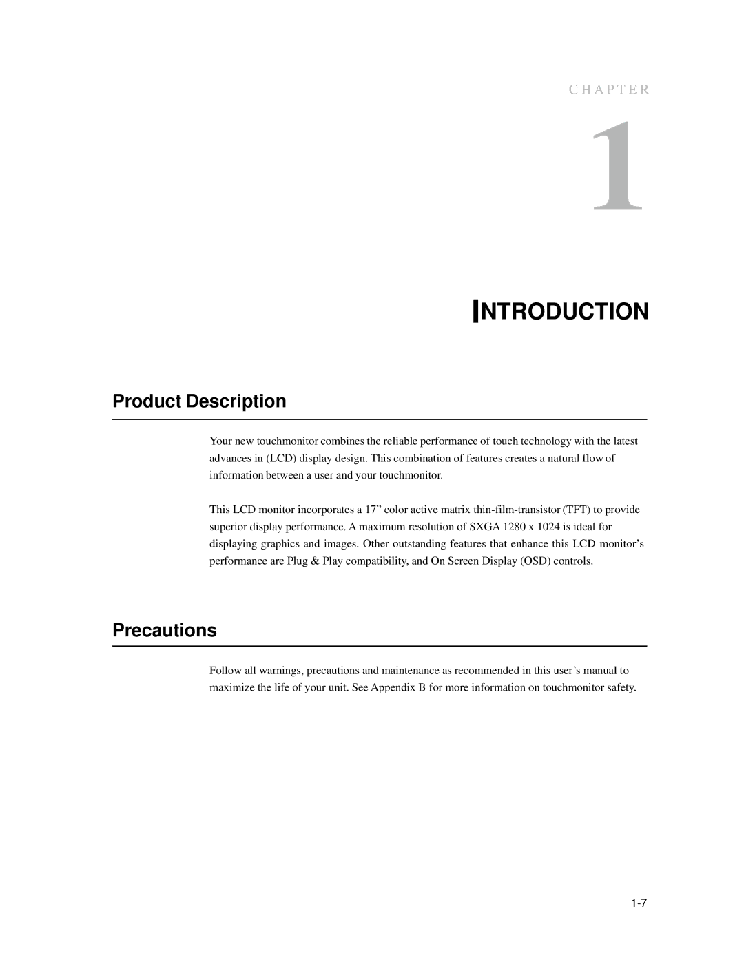 Elo TouchSystems 1739L manual Introduction, Product Description, Precautions 