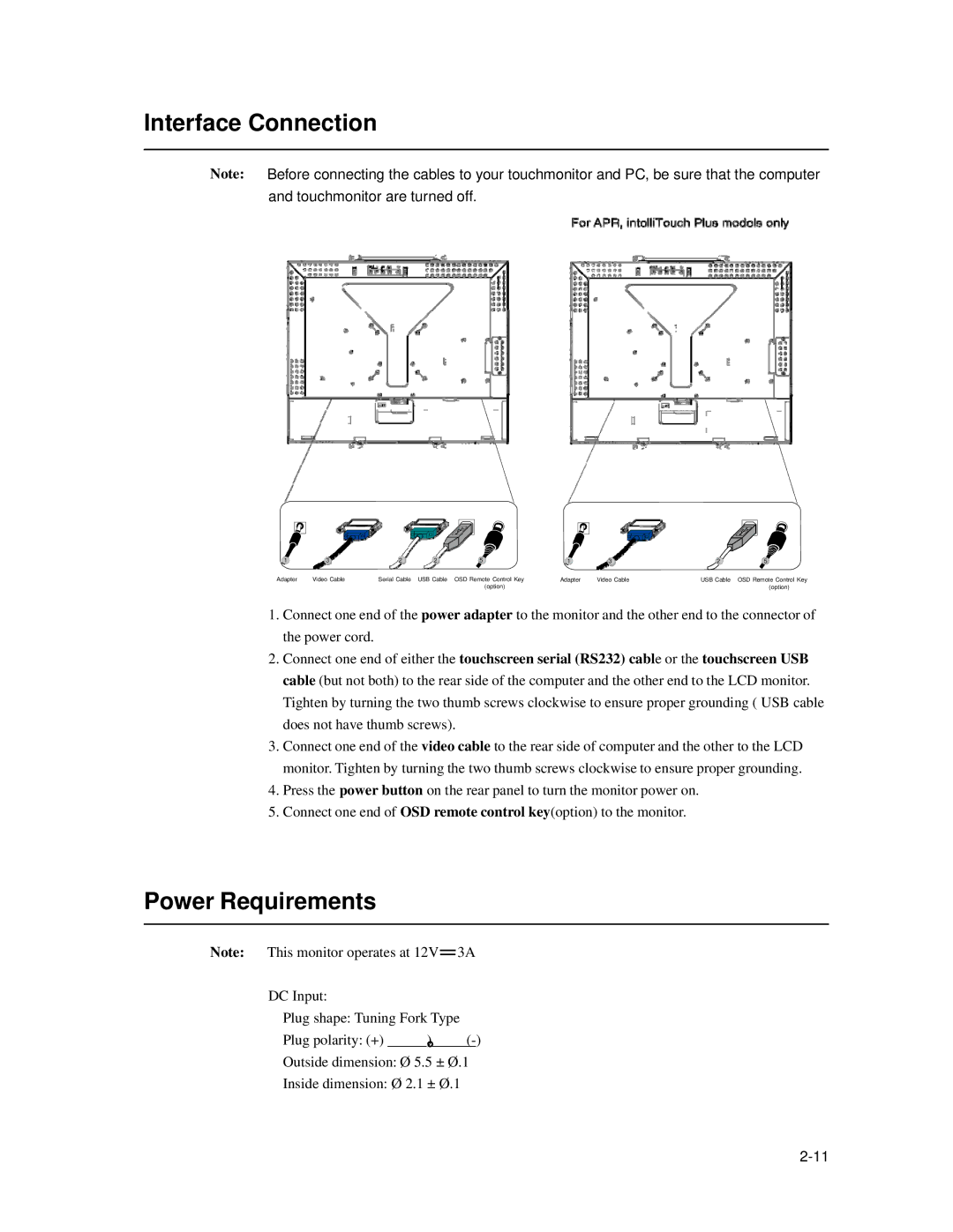 Elo TouchSystems 1739L manual Interface Connection, Power Requirements 