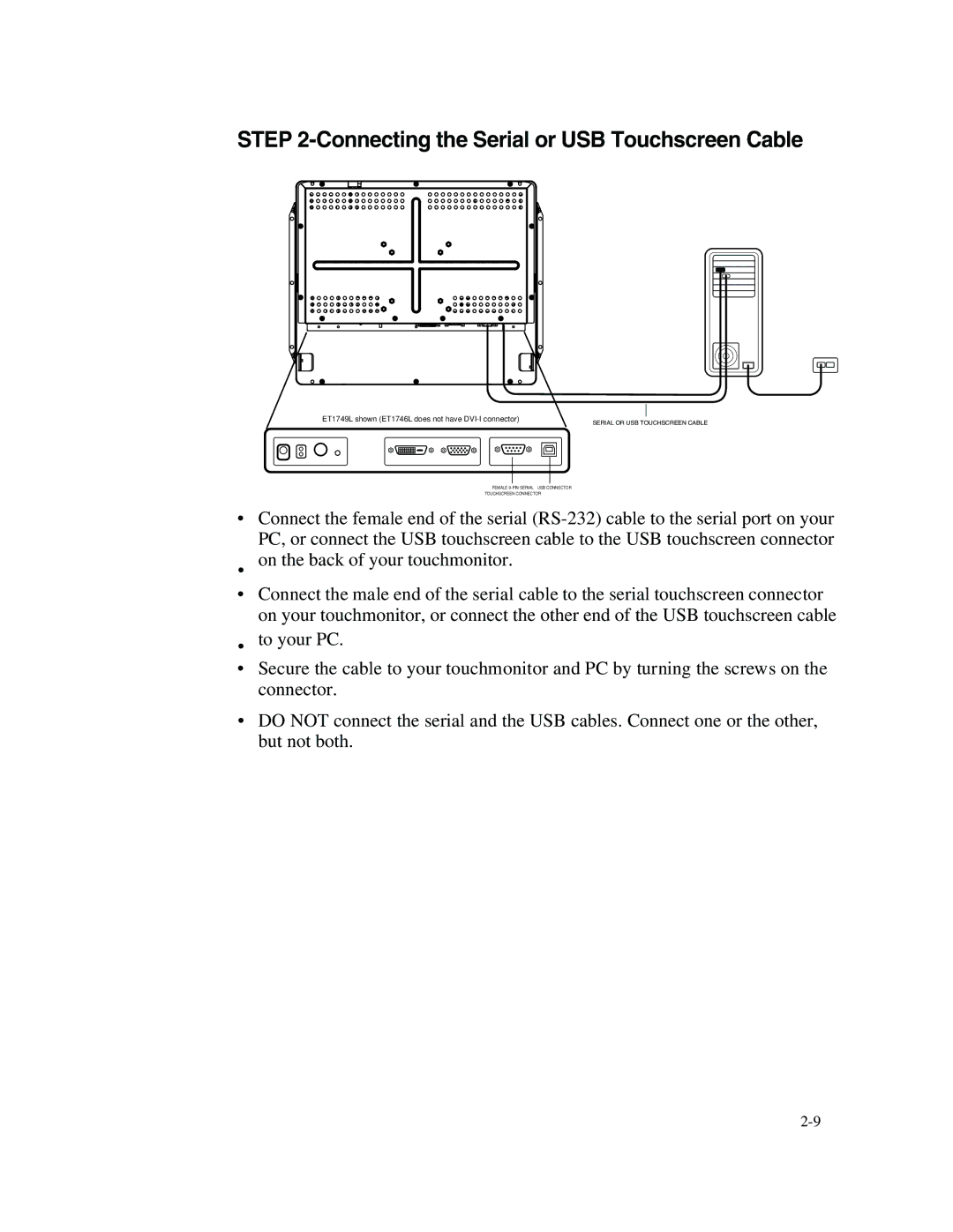 Elo TouchSystems 1749L Series manual Connecting the Serial or USB Touchscreen Cable 