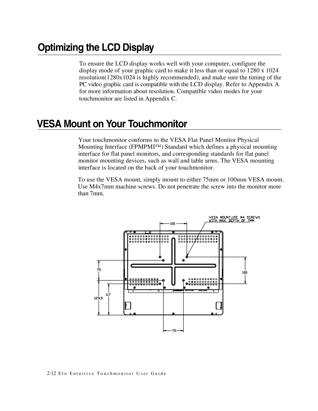 Elo TouchSystems 1749L Series manual Optimizing the LCD Display, Vesa Mount on Your Touchmonitor 