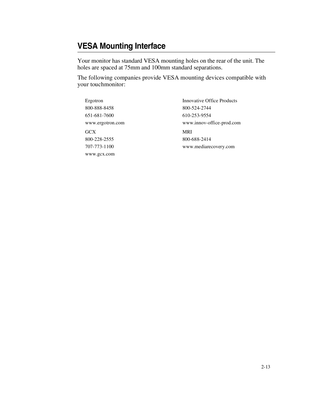 Elo TouchSystems 1749L Series manual Vesa Mounting Interface 