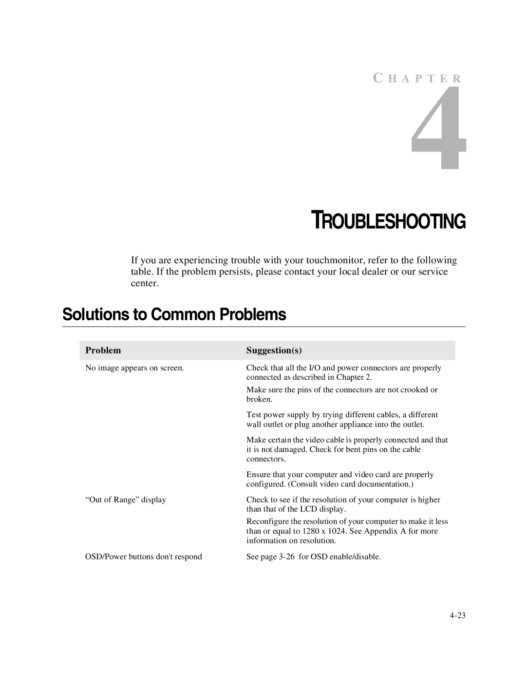 Elo TouchSystems 1749L Series manual Troubleshooting, Solutions to Common Problems 