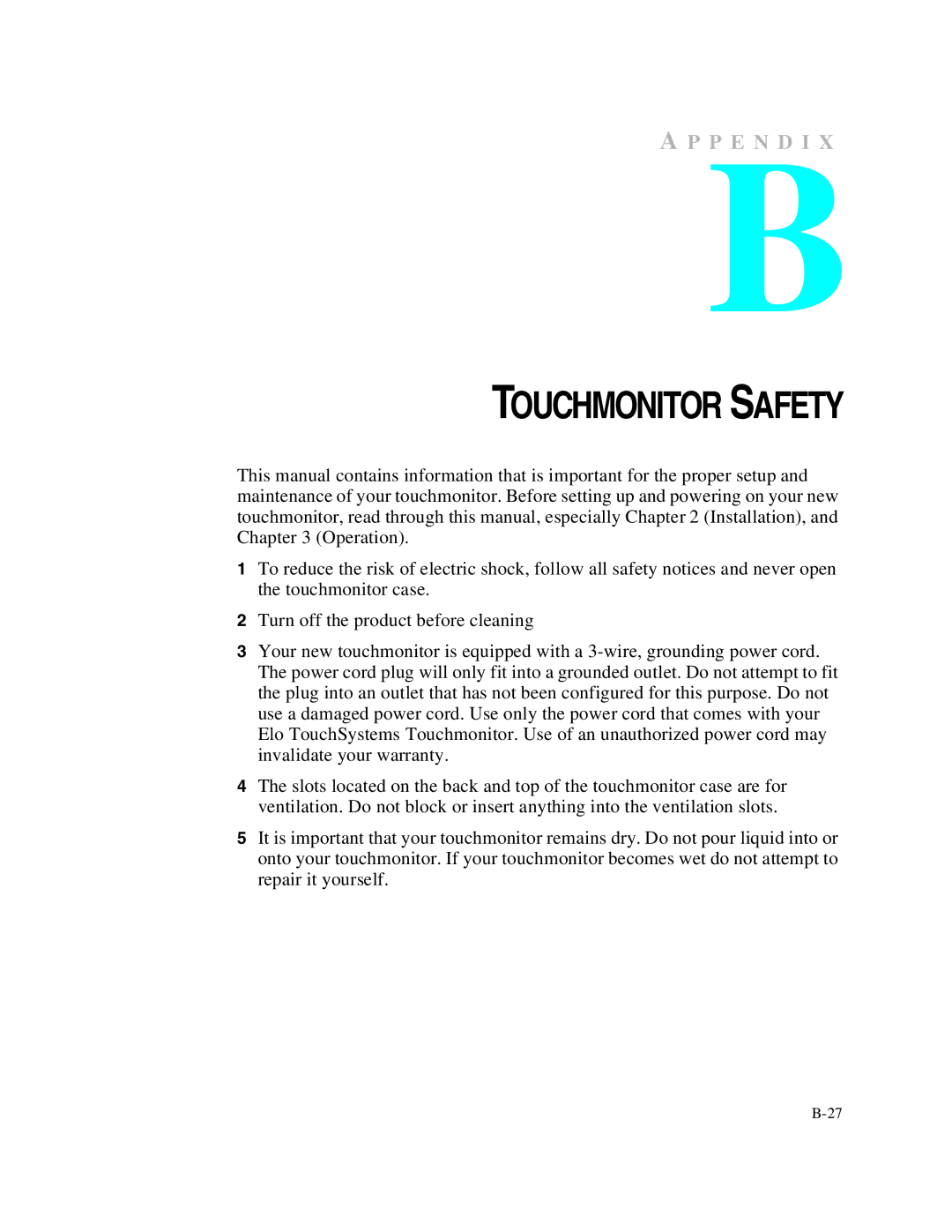 Elo TouchSystems 1749L Series manual Touchmonitor Safety 