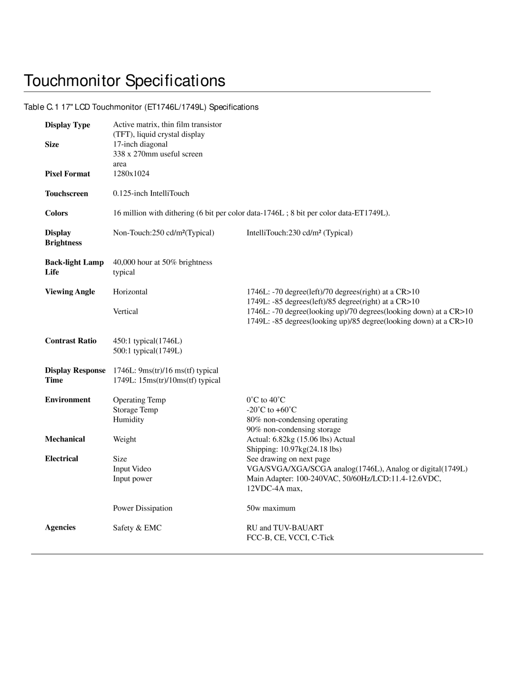 Elo TouchSystems 1749L Series Touchmonitor Specifications, Table C.1 17 LCD Touchmonitor ET1746L/1749L Specifications 