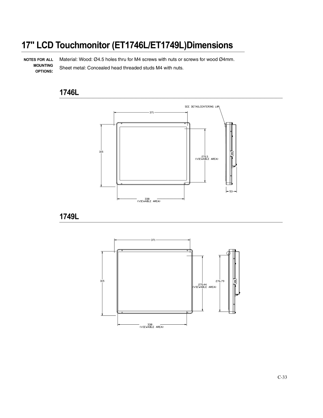 Elo TouchSystems 1749L Series manual LCD Touchmonitor ET1746L/ET1749LDimensions 