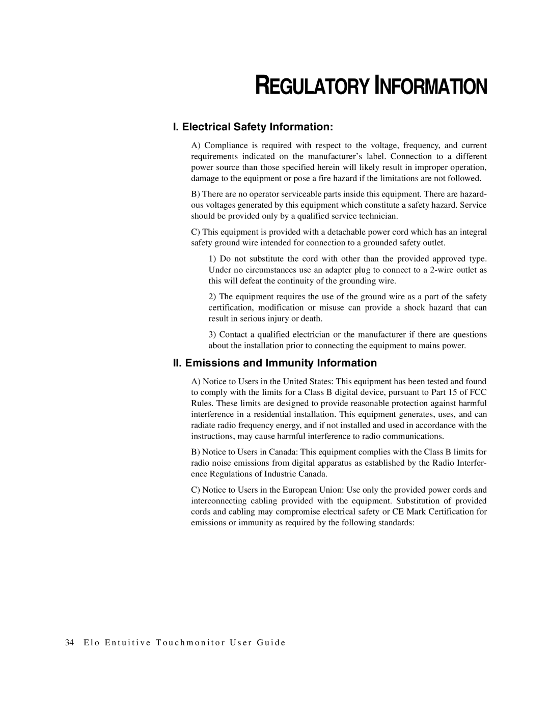 Elo TouchSystems 1749L Series manual Regulatory Information, Electrical Safety Information 