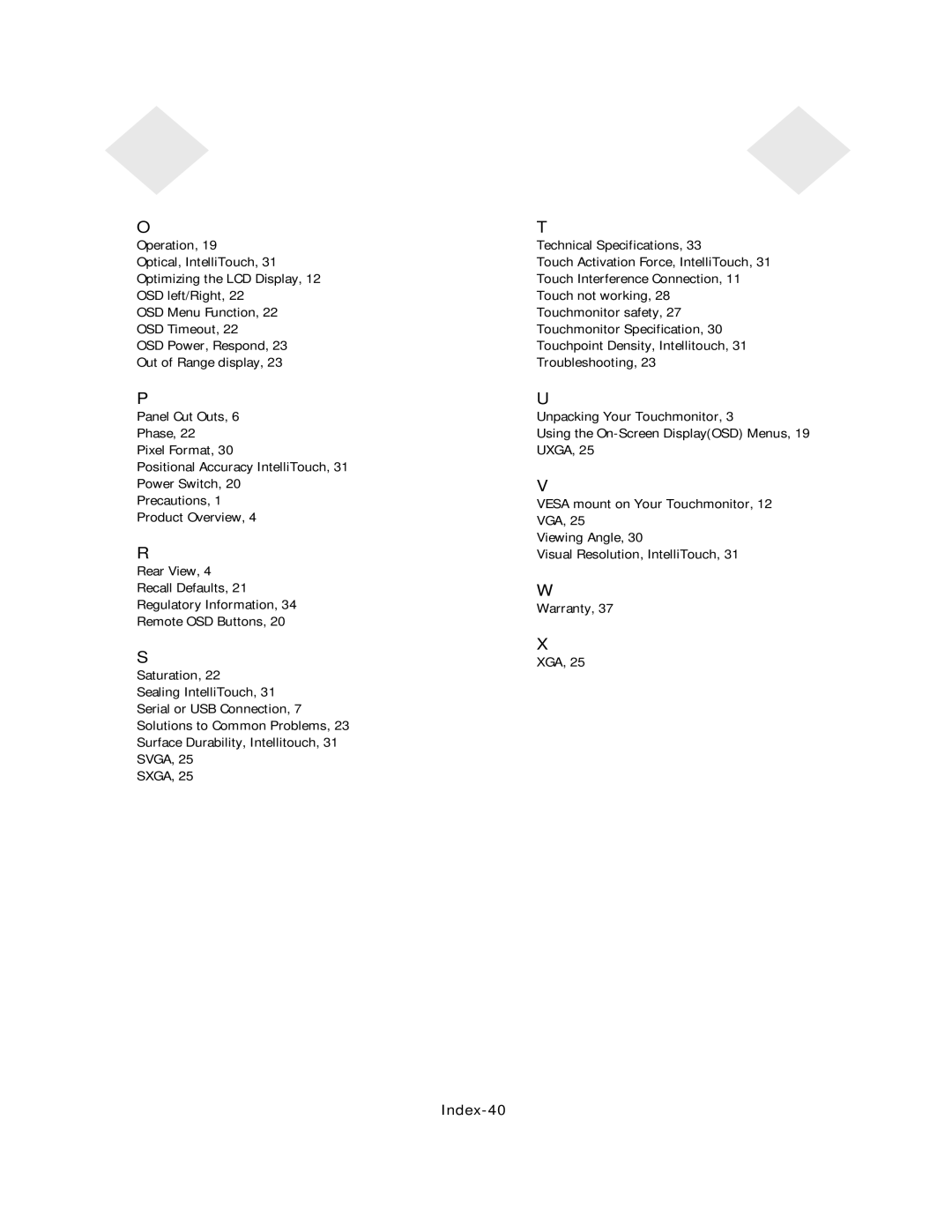 Elo TouchSystems 1749L Series manual Index-40 