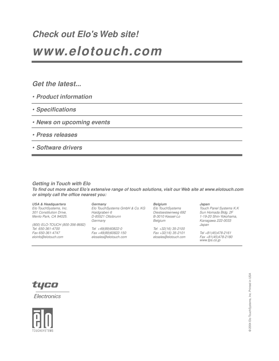 Elo TouchSystems 1749L Series manual Check out Elos Web site 