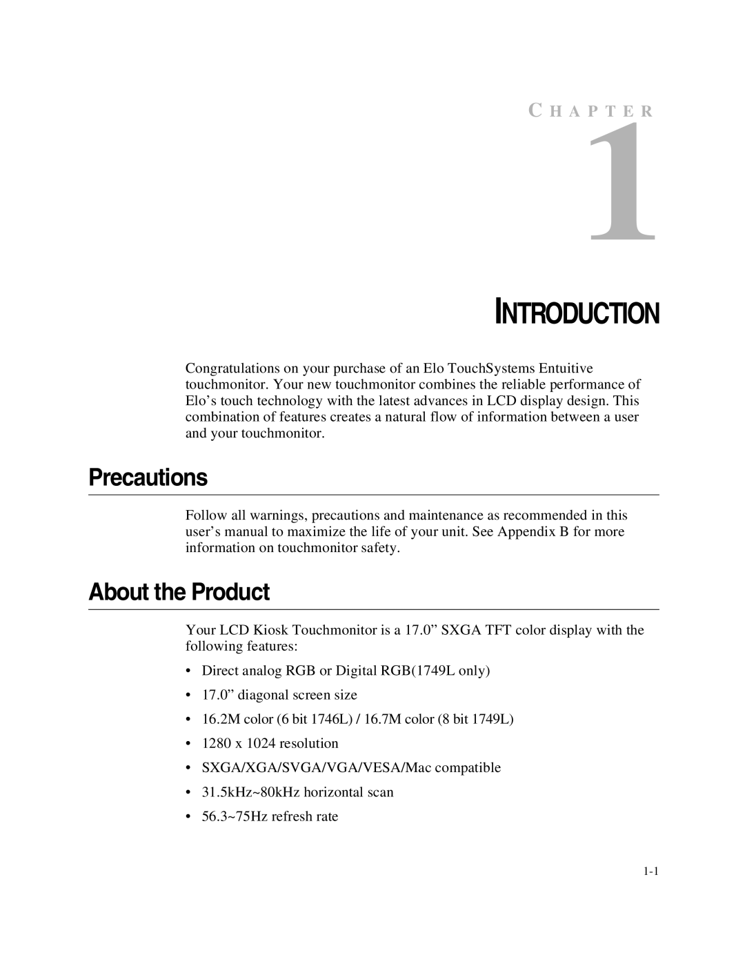 Elo TouchSystems 1749L Series manual Introduction, Precautions, About the Product 