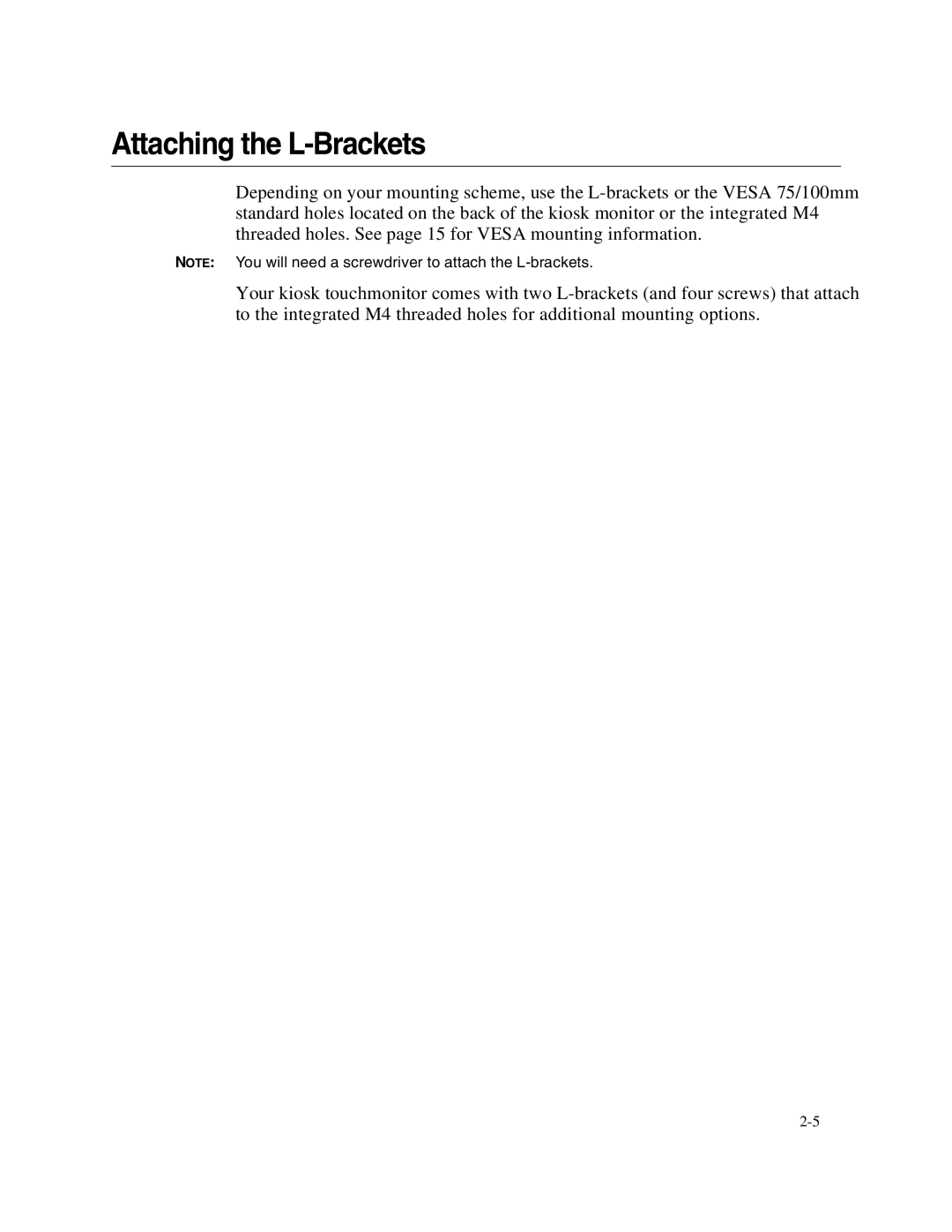 Elo TouchSystems 1749L Series manual Attaching the L-Brackets 