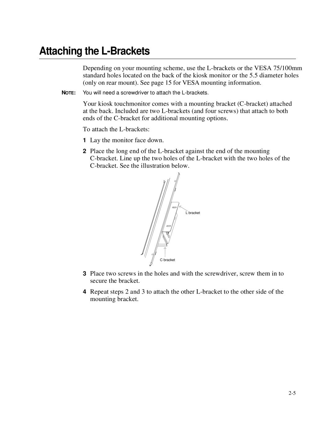 Elo TouchSystems 1767L Series manual Attaching the L-Brackets 