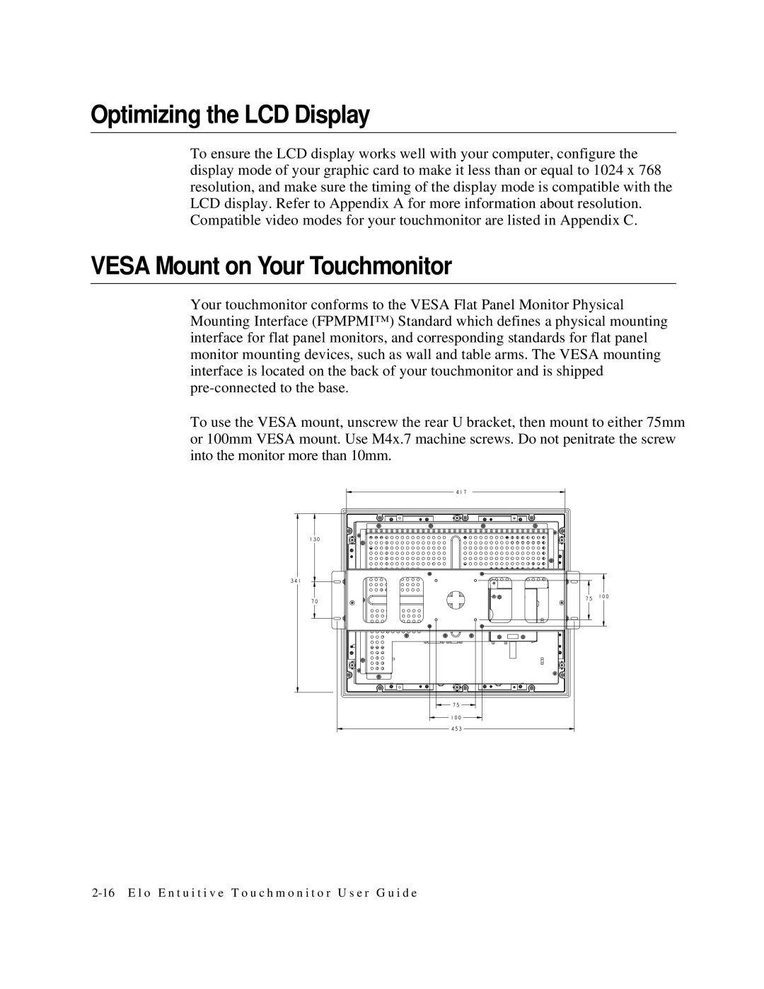 Elo TouchSystems 1767L Series manual Optimizing the LCD Display, Vesa Mount on Your Touchmonitor 