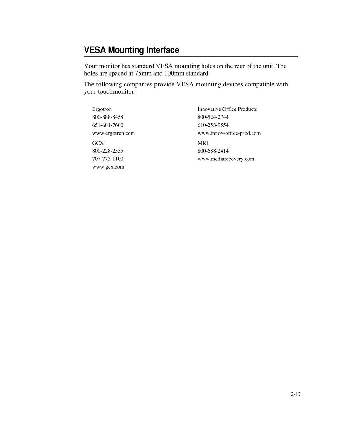 Elo TouchSystems 1767L Series manual Vesa Mounting Interface 