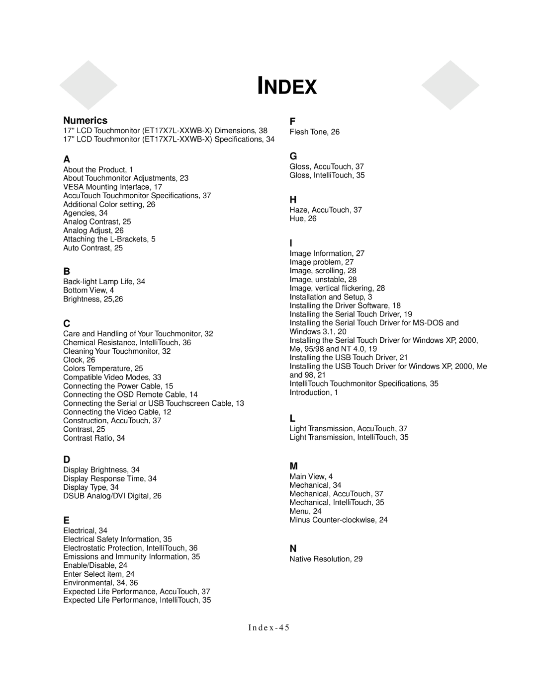 Elo TouchSystems 1767L Series manual Index 