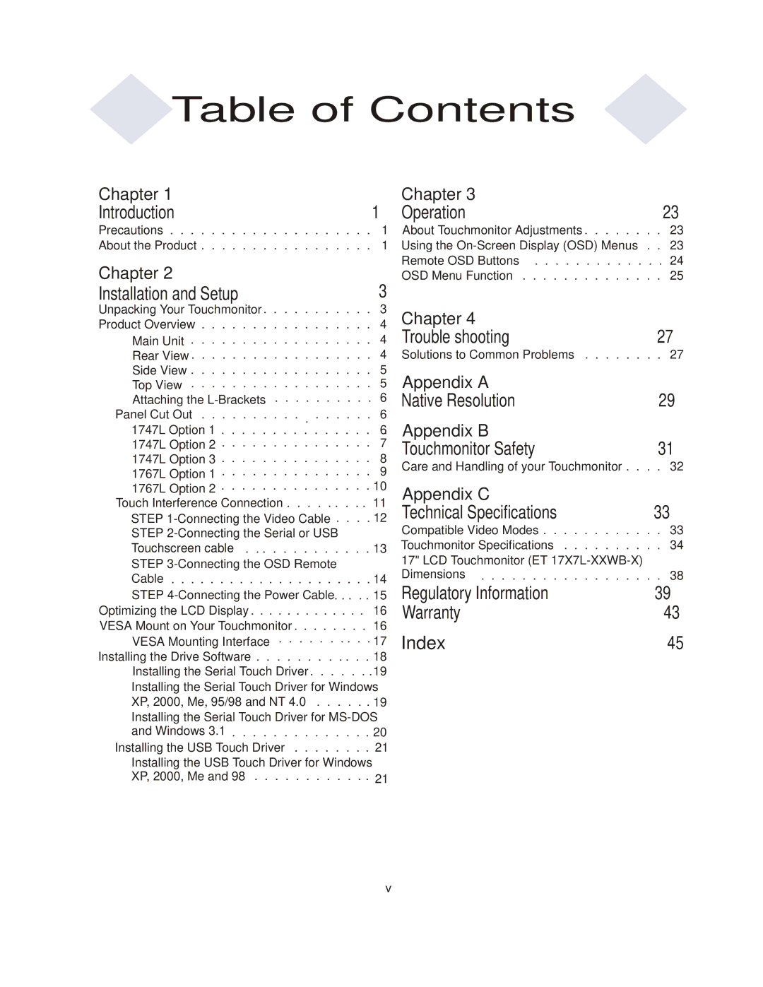 Elo TouchSystems 1767L Series manual Table of Contents 