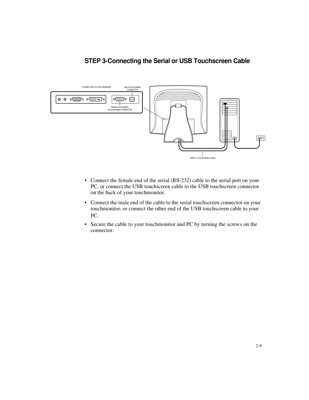 Elo TouchSystems 1827L, 1825L manual Connecting the Serial or USB Touchscreen Cable 