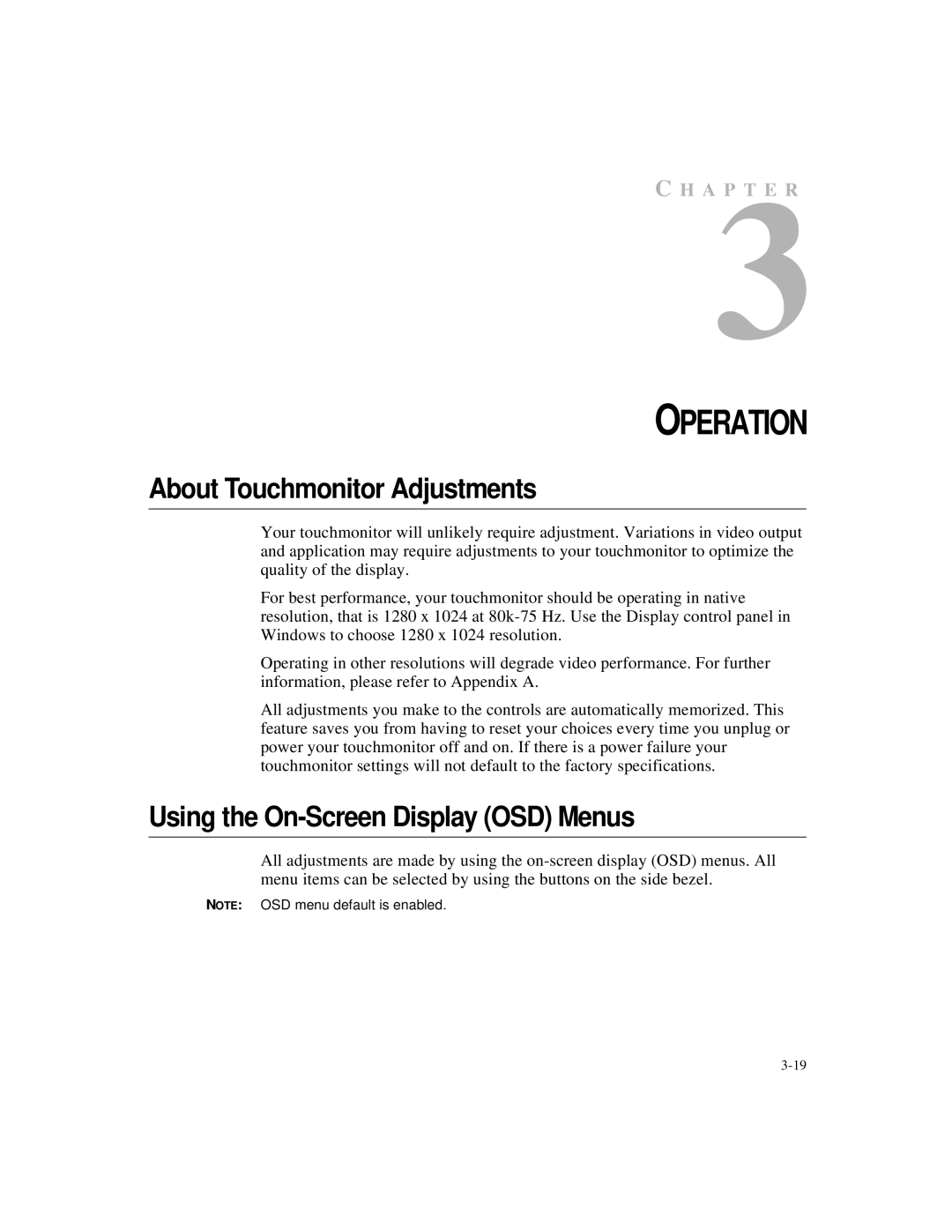 Elo TouchSystems 1827L, 1825L manual About Touchmonitor Adjustments, Using the On-Screen Display OSD Menus 