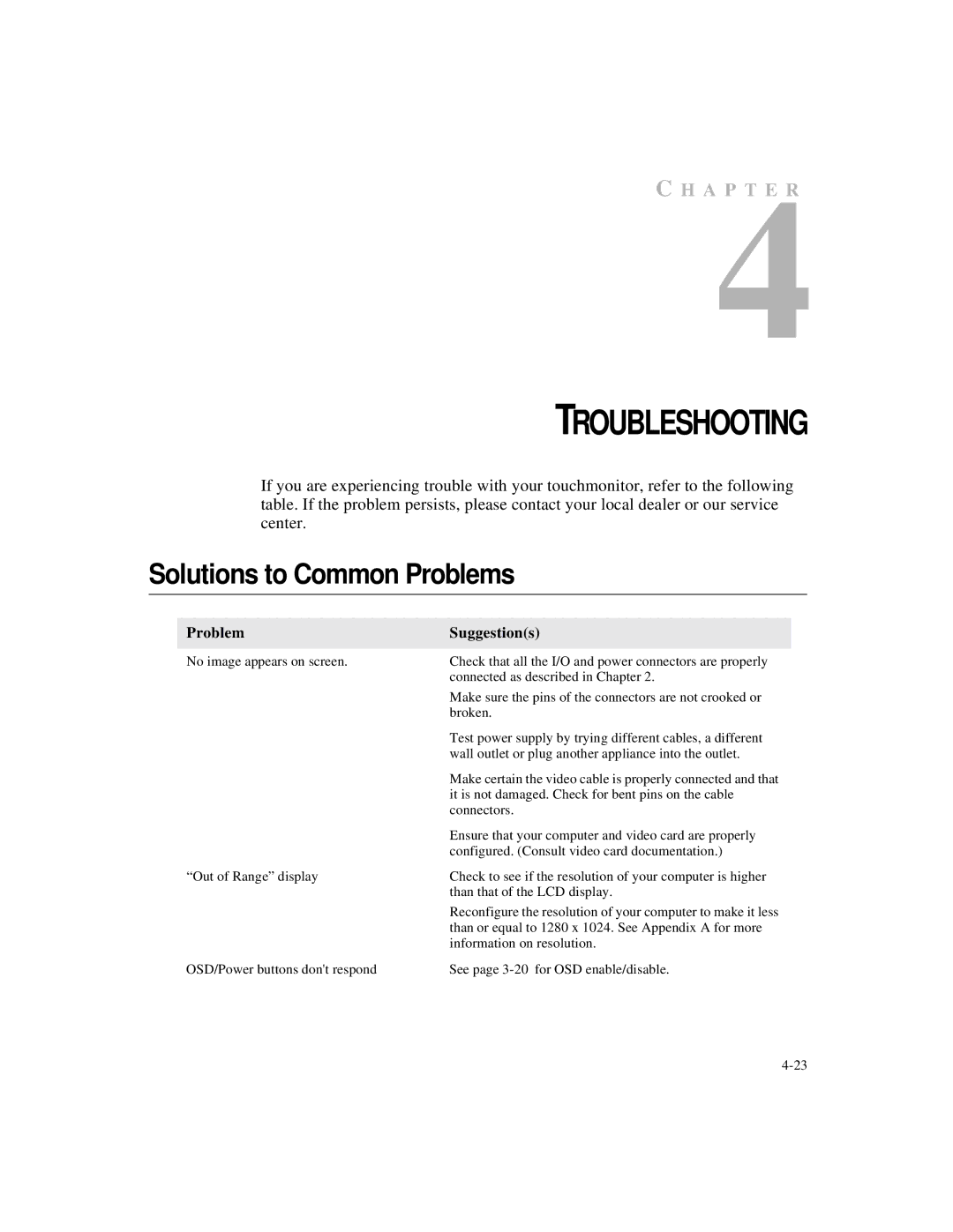 Elo TouchSystems 1827L, 1825L manual Troubleshooting, Solutions to Common Problems 