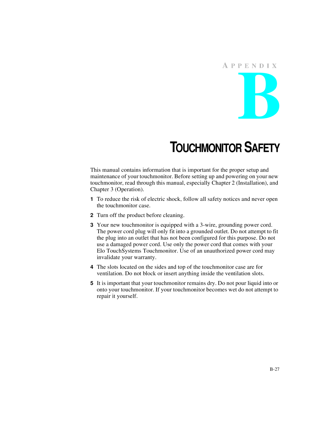 Elo TouchSystems 1827L, 1825L manual Touchmonitor Safety 