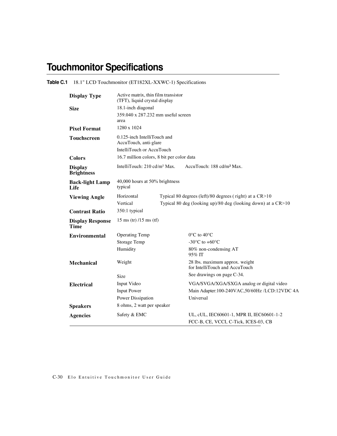 Elo TouchSystems 1825L, 1827L manual Touchmonitor Specifications, Size Pixel Format Touchscreen Colors Display Brightness 