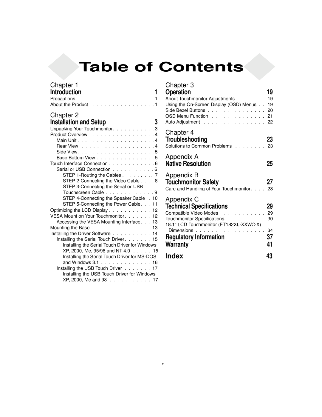 Elo TouchSystems 1825L, 1827L manual Table of Contents 