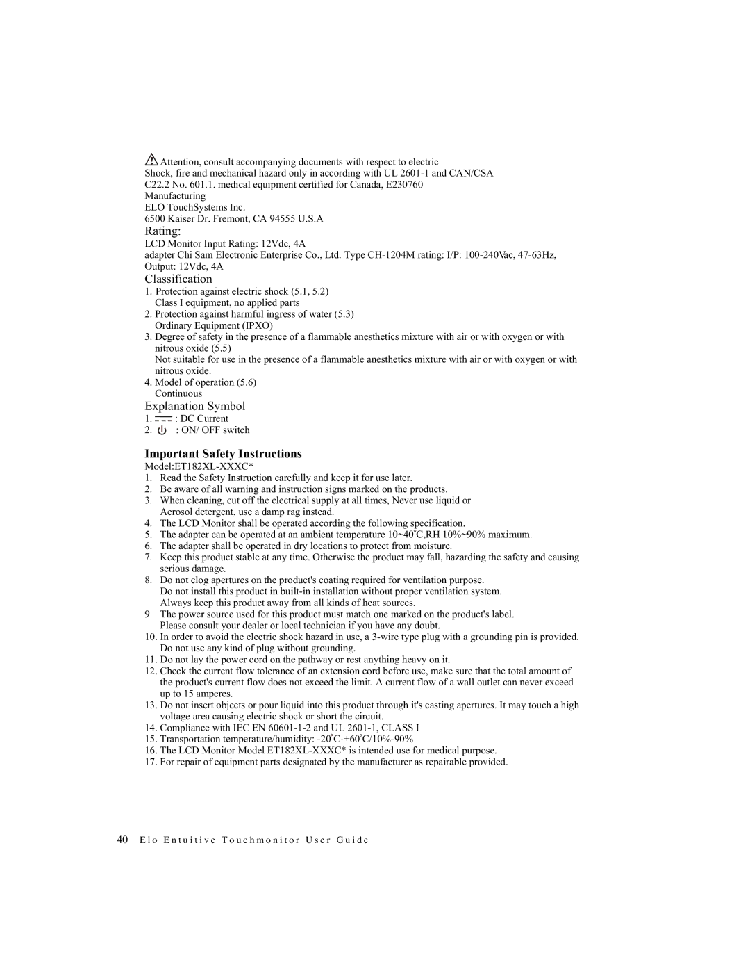 Elo TouchSystems 1825L, 1827L manual Important Safety Instructions 