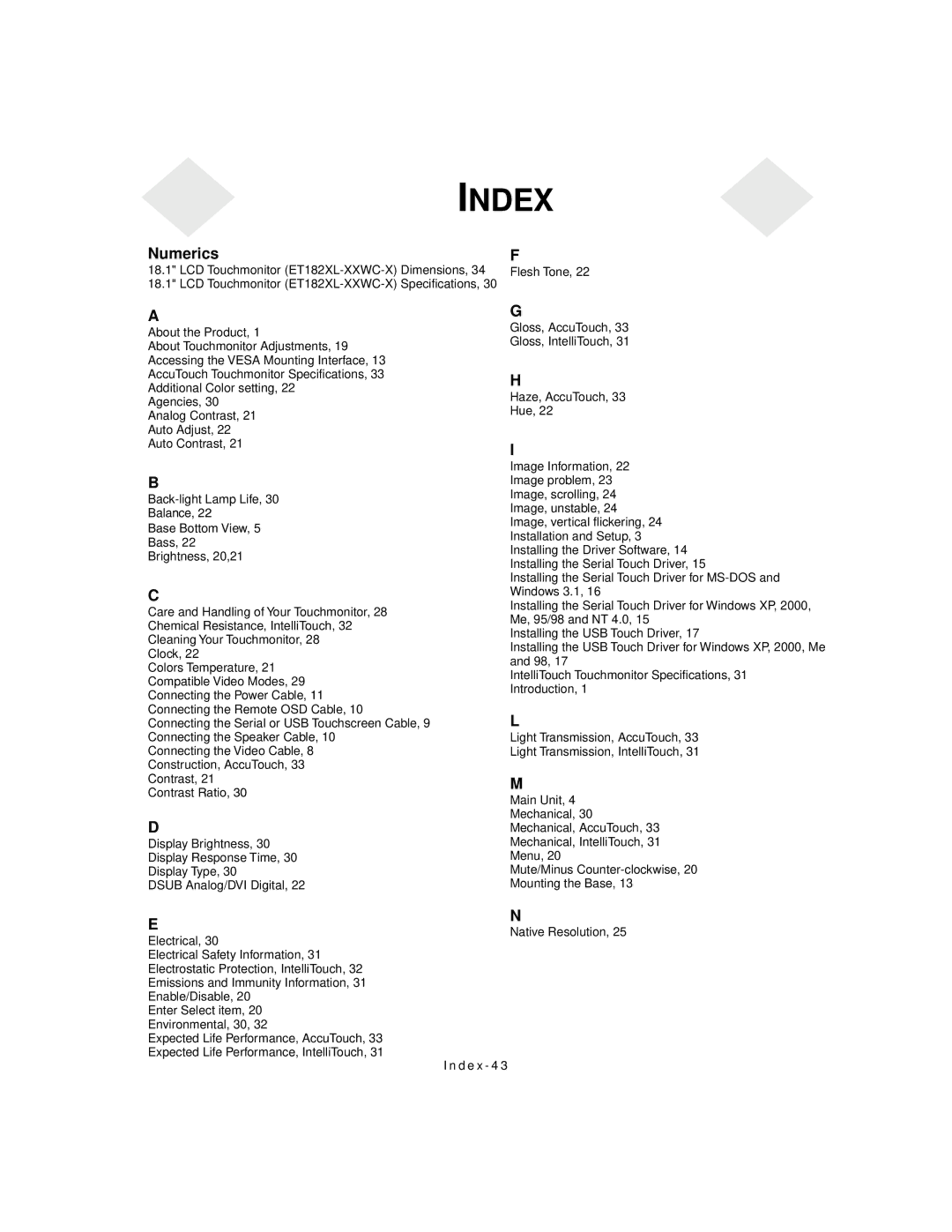 Elo TouchSystems 1827L, 1825L manual Index 