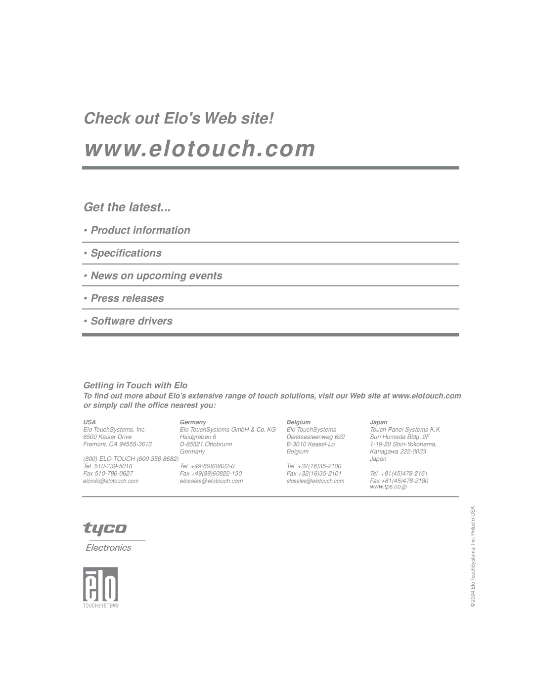 Elo TouchSystems 1827L, 1825L manual Check out Elos Web site 