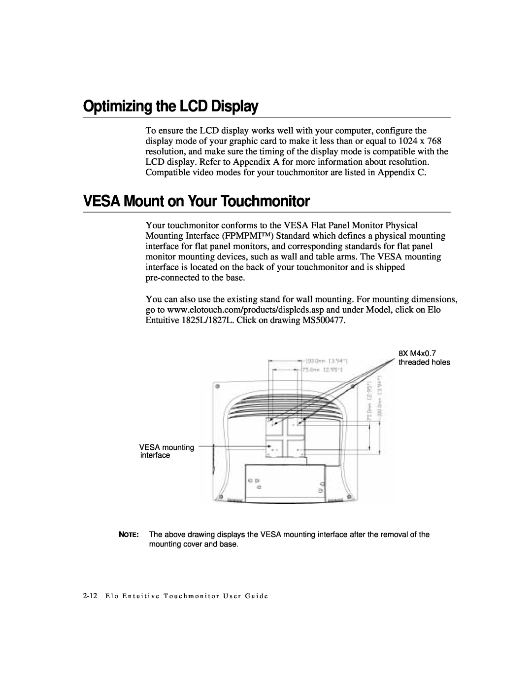Elo TouchSystems 1825L, 1827L manual Optimizing the LCD Display, VESA Mount on Your Touchmonitor 