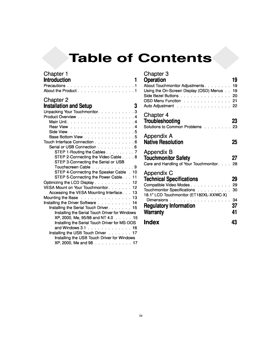 Elo TouchSystems 1825L, 1827L manual Table of Contents 