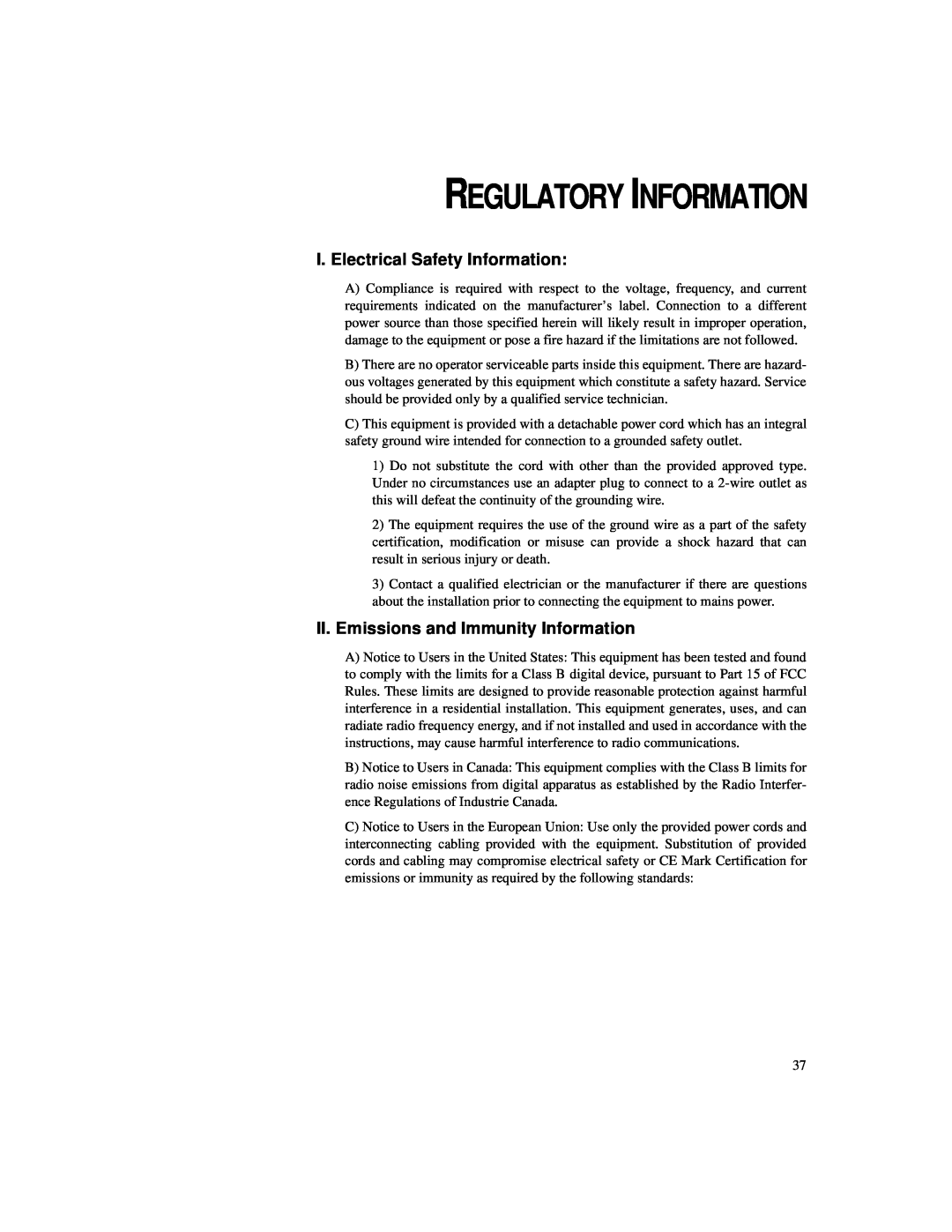 Elo TouchSystems 1827L Regulatory Information, I. Electrical Safety Information, II. Emissions and Immunity Information 