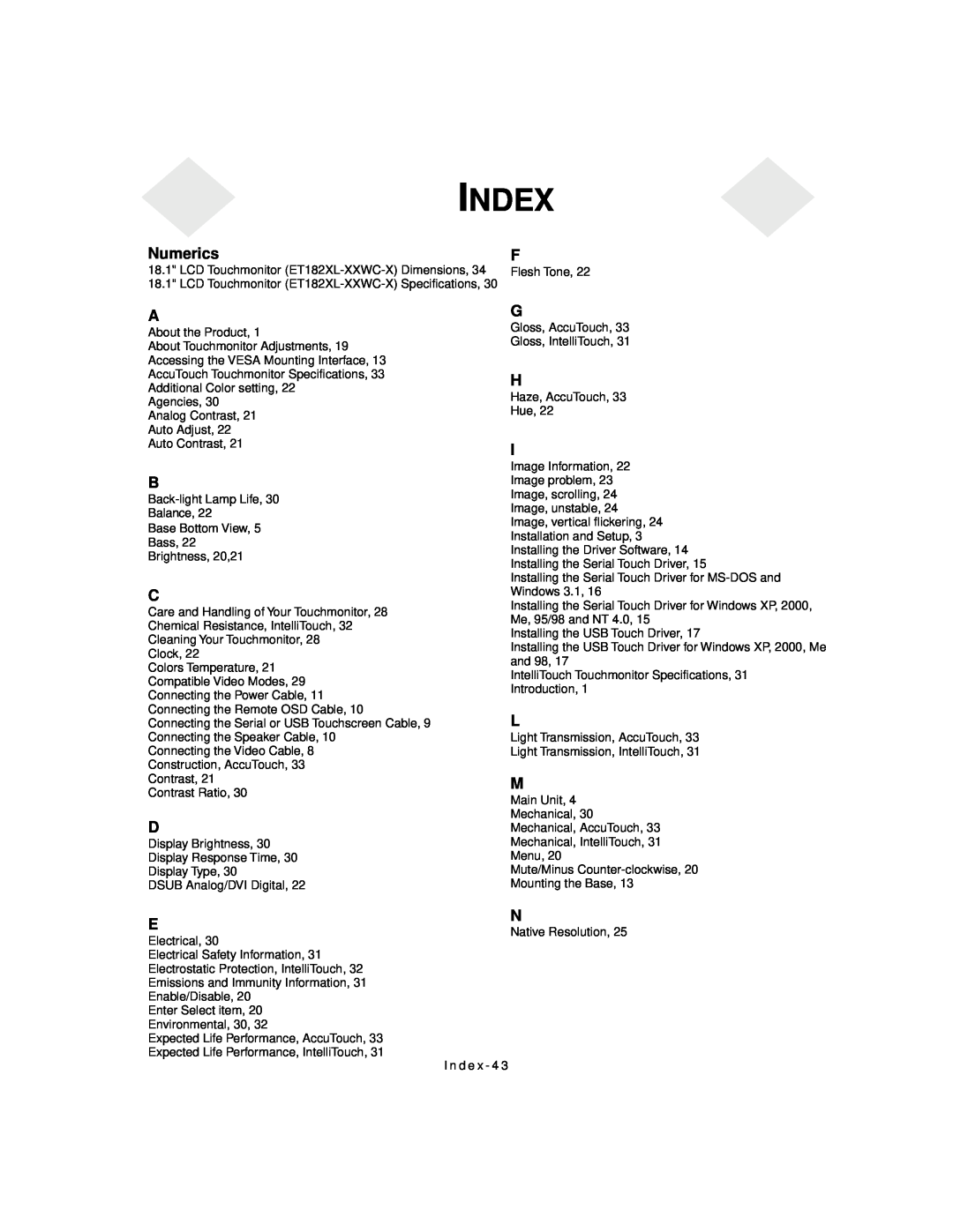 Elo TouchSystems 1827L, 1825L manual Index, Numerics 