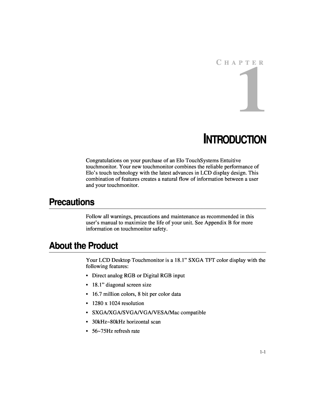 Elo TouchSystems 1827L, 1825L manual Precautions, About the Product, Introduction, C H A P T E R 