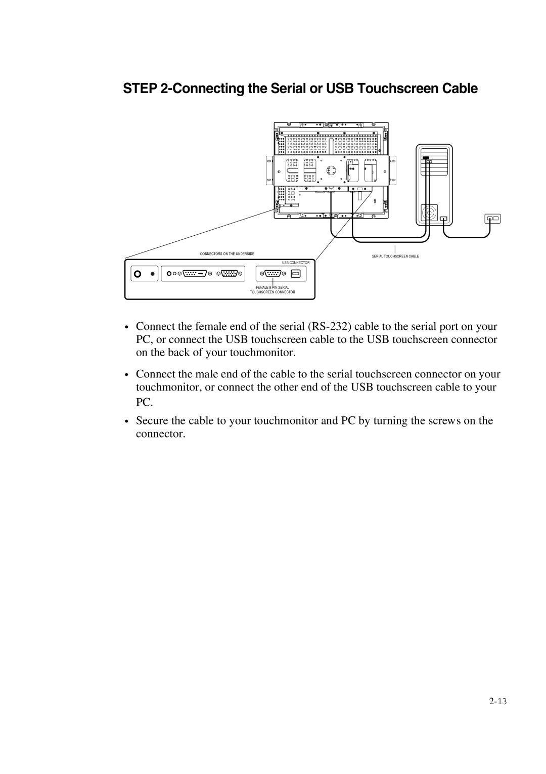 Elo TouchSystems 1847L manual Connecting the Serial or USB Touchscreen Cable 