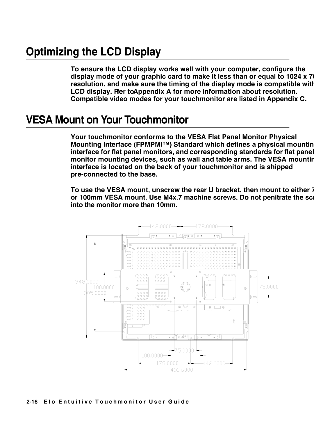 Elo TouchSystems 1847L manual Optimizing the LCD Display, Vesa Mount on Your Touchmonitor 