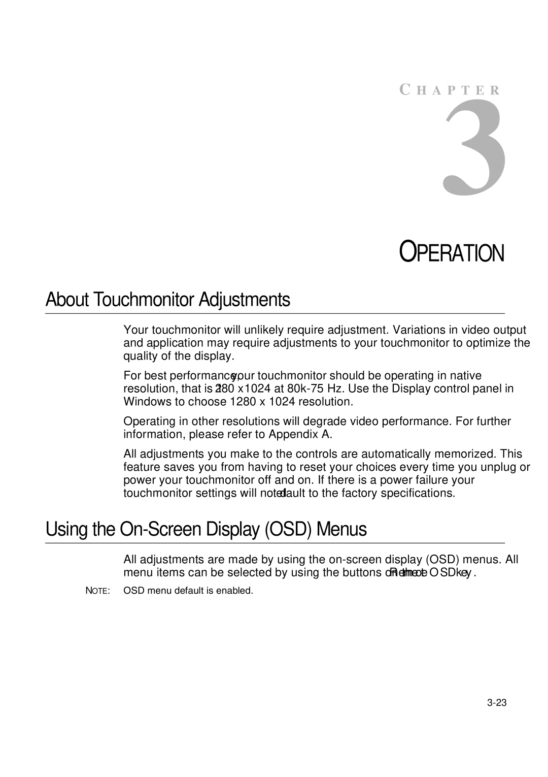 Elo TouchSystems 1847L manual About Touchmonitor Adjustments, Using the On-Screen Display OSD Menus 