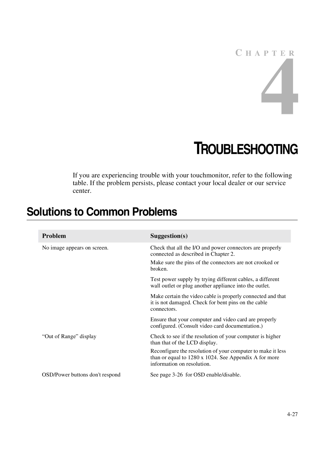 Elo TouchSystems 1847L manual Troubleshooting, Solutions to Common Problems 