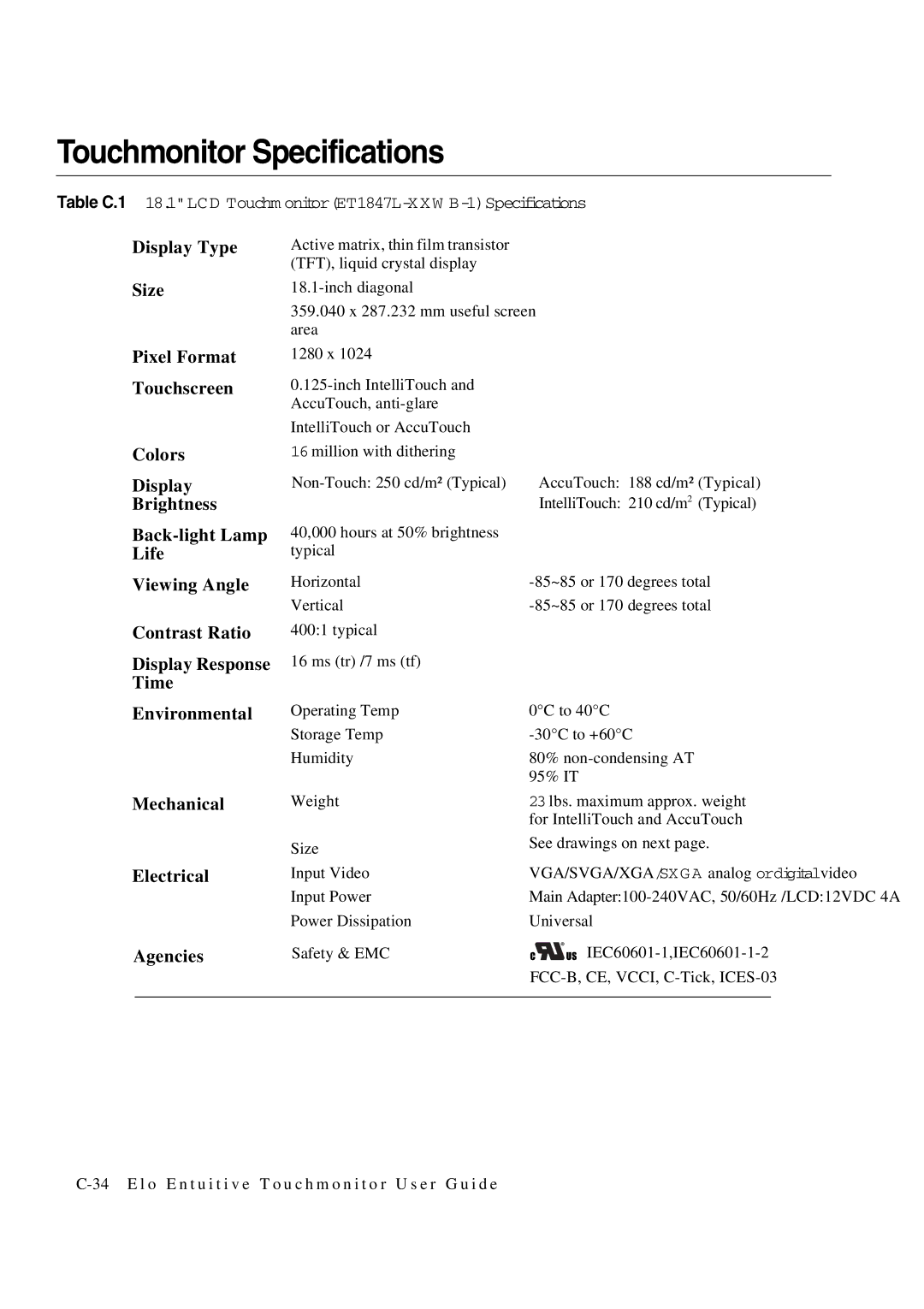 Elo TouchSystems 1847L manual Touchmonitor Specifications 