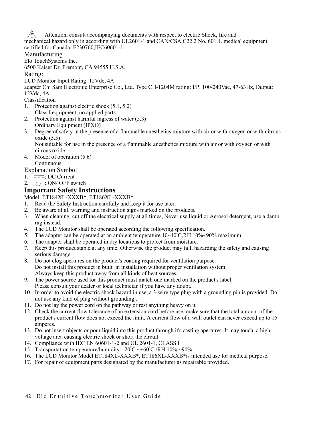 Elo TouchSystems 1847L manual Important Safety Instructions 